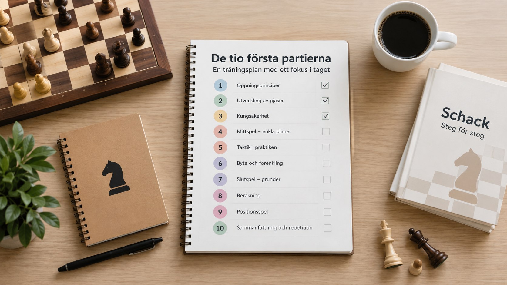 Tio partier, tio fokusområden: rutorna, kortorden, stället, bytet, brickräkningen — vanor som sedan går på autopilot.
